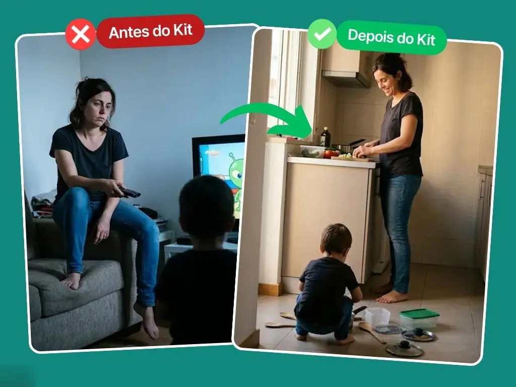 Criança entretida sozinha enquanto a mãe prepara o jantar, antes e depois do Kit Fim de Tarde Sem Ecrã