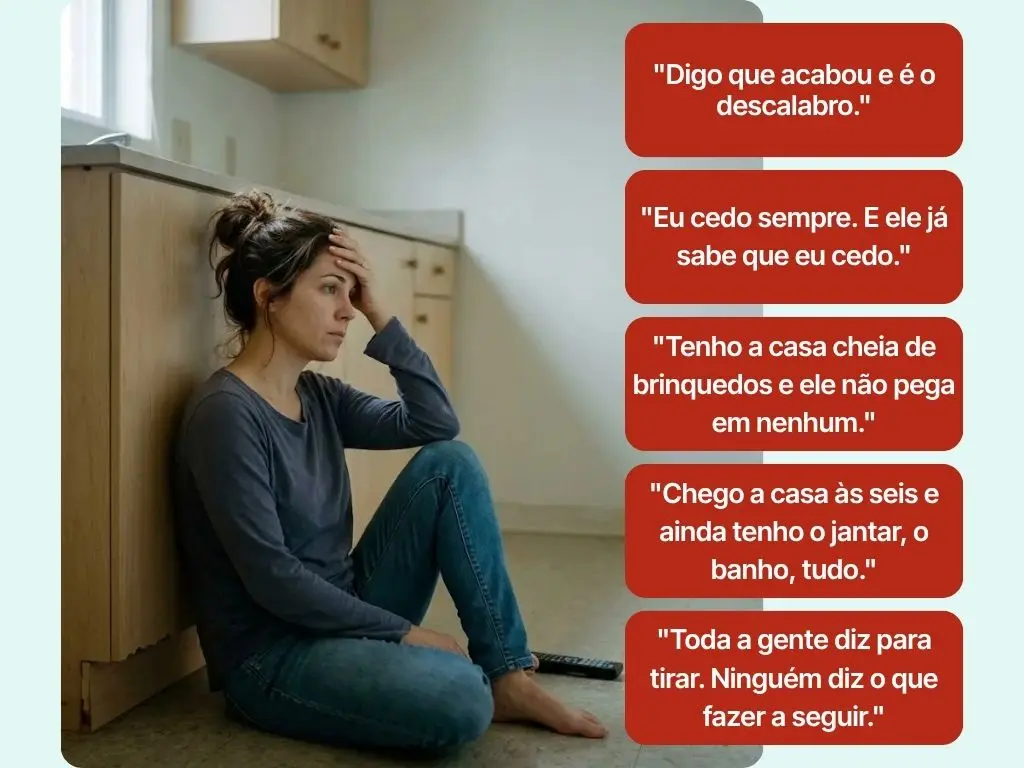 Mãe com balões de pensamento mostrando as ruminações mais comuns sobre desligar o ecrã ao fim da tarde