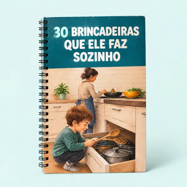 Mockup das 30 brincadeiras que a criança faz sozinha enquanto a mãe cozinha